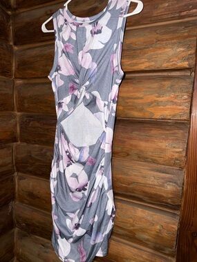 Sleeveless Gray Floral Dress with Pink Accents